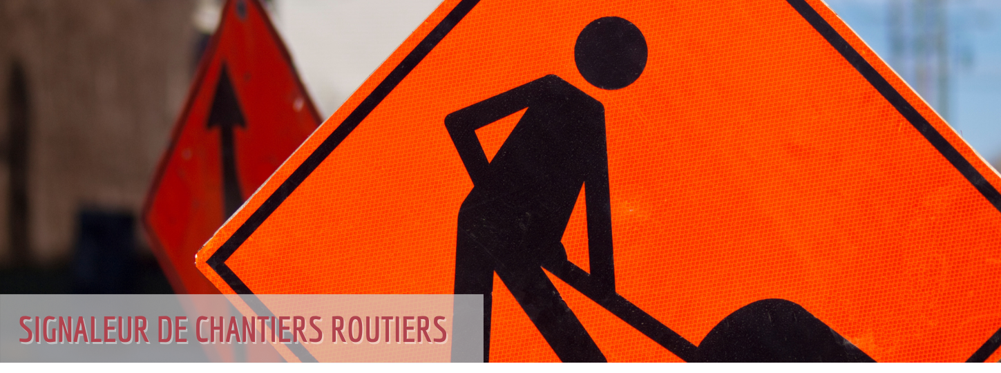 Parcours Formation | Signaleur de chantier routier AQTR | Panneau orange avec un bonhomme qui travaille avec une pelle