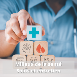 Parcours Formation | Soins de personnes ou entretien des milieux de travail (domaine de la santé) | Une personne qui fait une pyramide de cubes en bois avec des images (une croix bleue, des gouttes de sang, un cerveau, des cellules, des éprouvettes et des seringues)