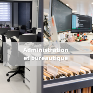 Parcours Formation | Administration, bureautique et informatique | Classeur avec dossiers, écran d'ordinateur, mobilier de travail