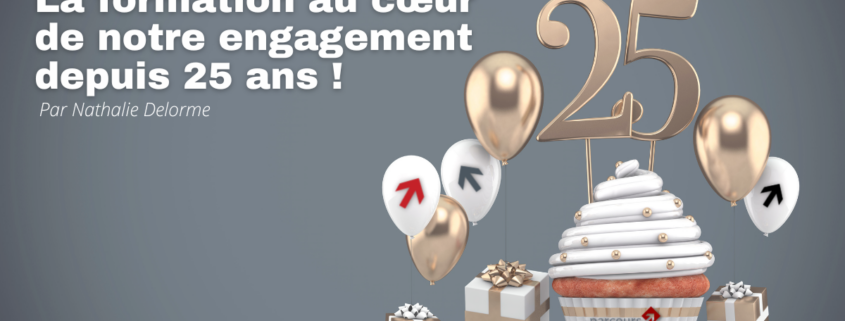 Parcours Formation célèbre ses 25 ans ! | Article | La formation au cœur de notre engagement depuis 25 ans | Un petit gâteau (cupcake) avec des ballons, des cadeaux, le chiffre 25, le logo et les flèches de Parcours Formation