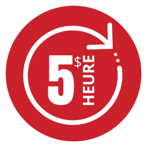Parcours Formation | Cours 5 dollars l'heure | Cercle rouge avec une flèche qui fait le tour comme une horloge autour des mots 5 dollars l'heure