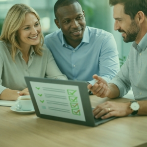 Gestionnaire avec des employés assis à un table consultant un ordinateur portable.